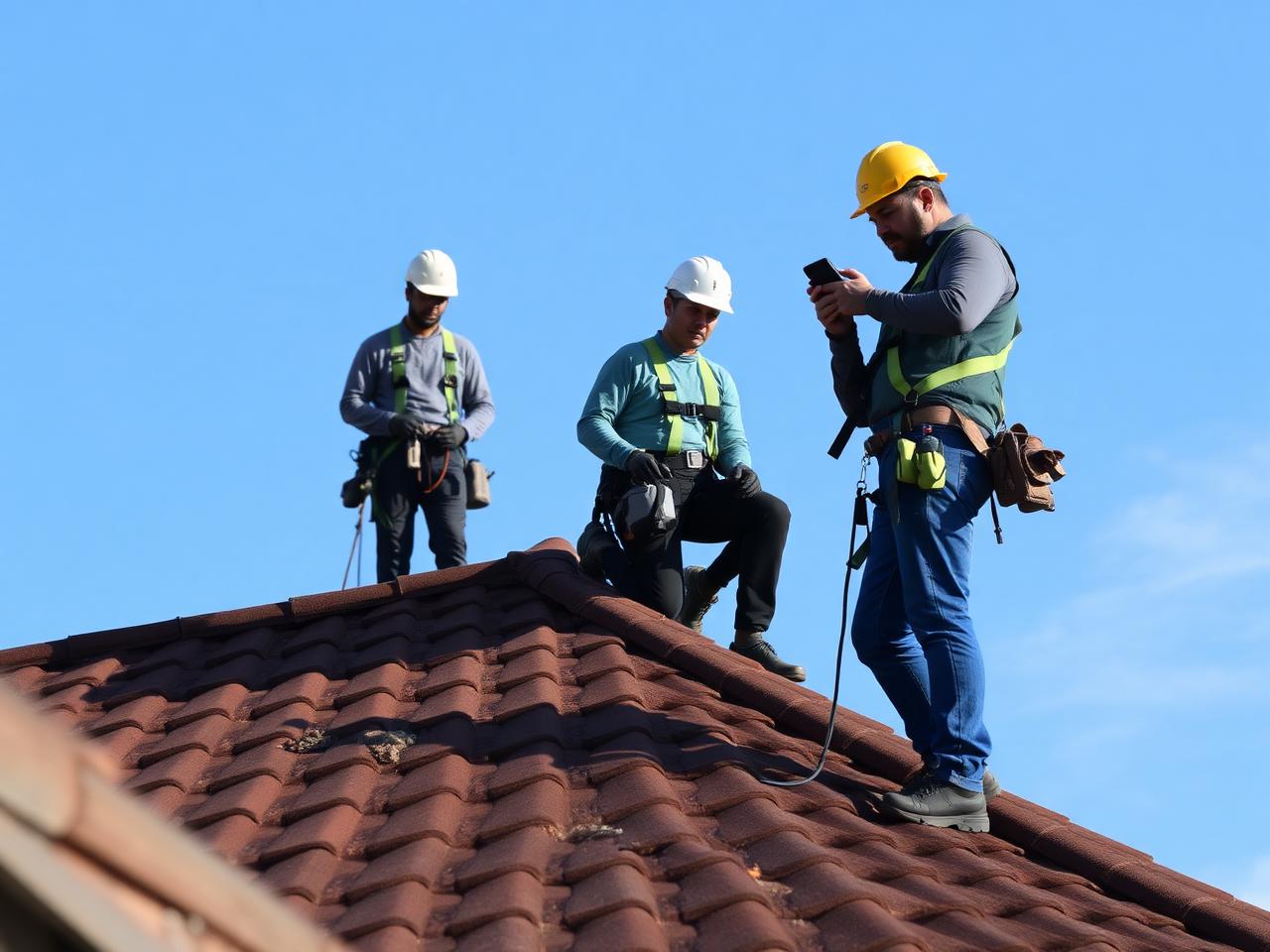 Dachdecker-Team auf einem Steildach
